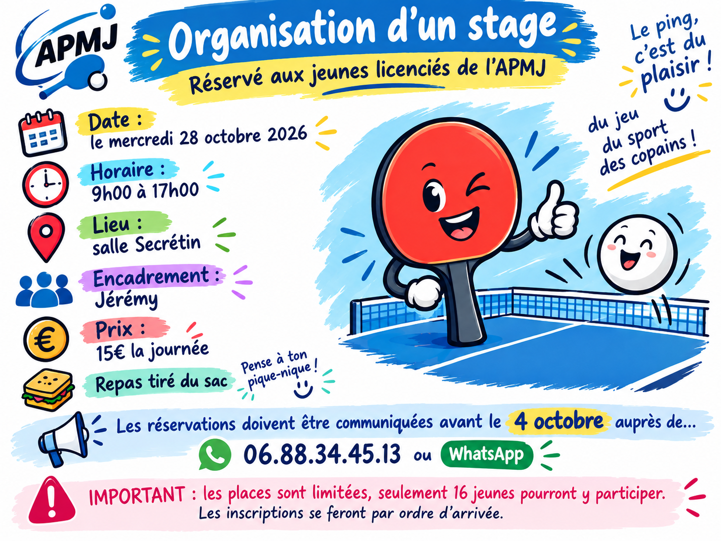 Stage de la Toussaint : une journée 100% Ping !